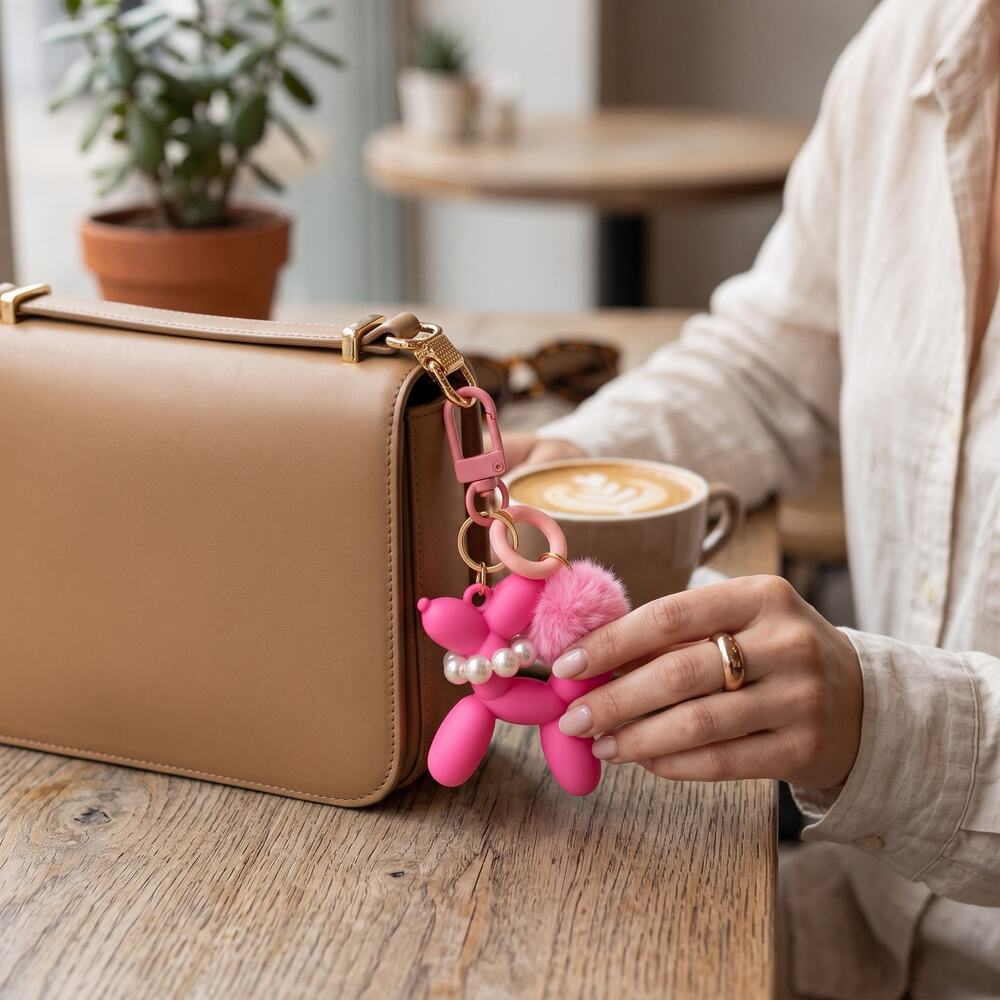 Mint Pink Balloon Dog Keychain Bag Charm Pom Pom Pearl Collar NEW